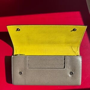 Celine Leather Long Wallet Taupe w/ Yellow Interior Snap & Zipper closure EUC